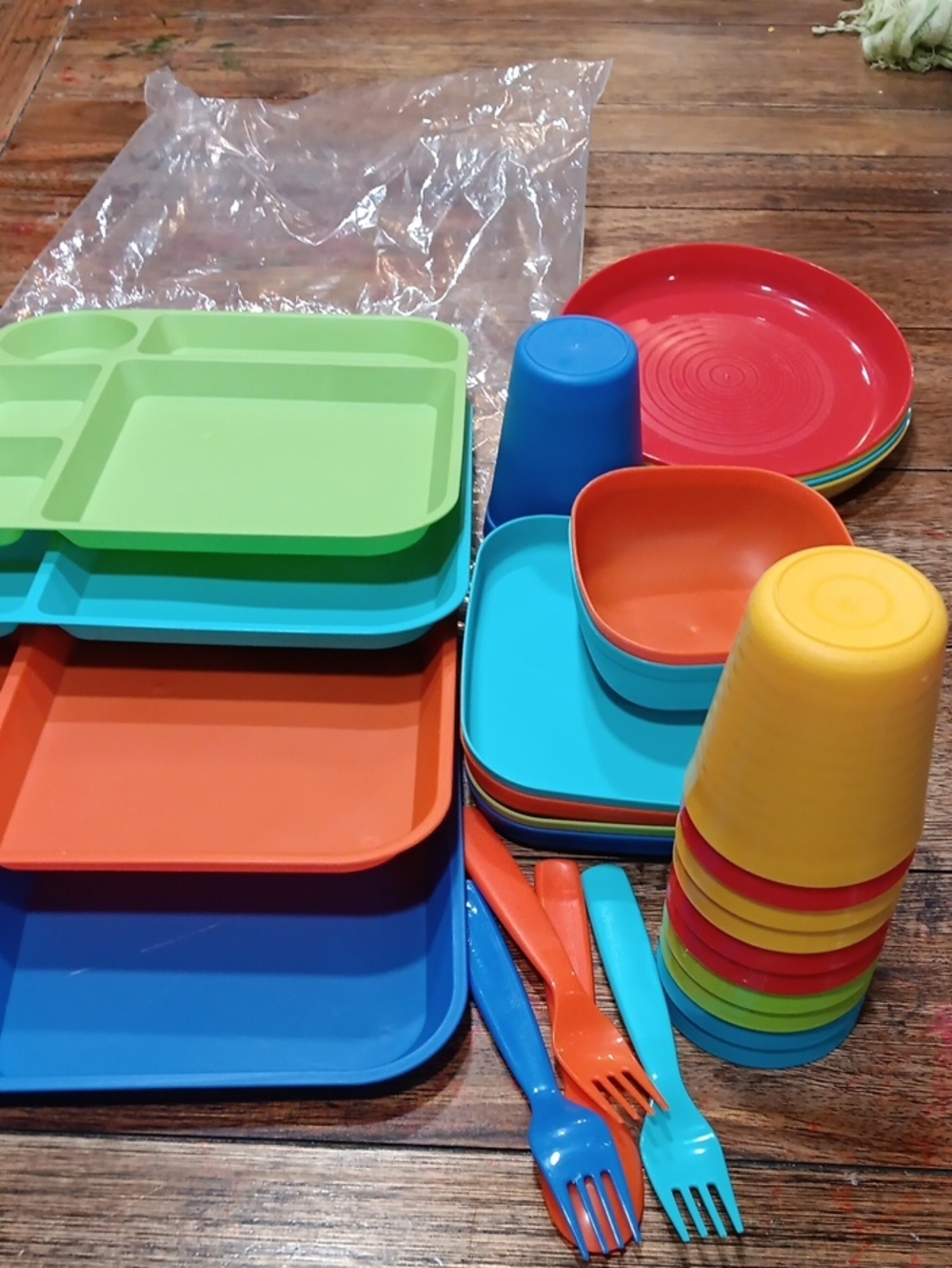 Childrens Colorful Mixed Plastic Party Plates, Bowls & Cups Set - Multicolor